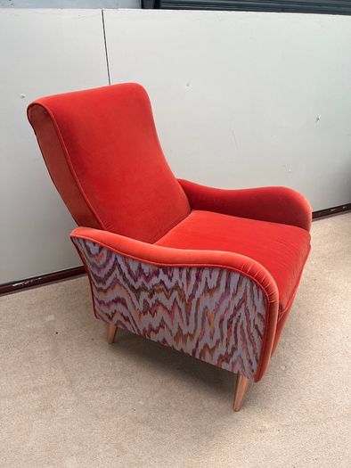Benburb Lounge Chair in Vibrant Coral Velvet with Abstract Ikat Back