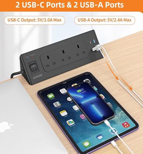 3 Way Plug Extension Socket with 4 USB, Desk Extension Lead 2M with Switch, Surge Protecion Multi Plug Extender for Home Office