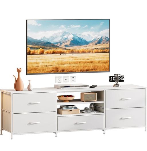 TV Stand Cabinet, TV Unit with 5 Drawers, 140 cm, White TV Console Table with Storage Organizers, Entertainment Center with Open Shelf for Living Room, Bedroom