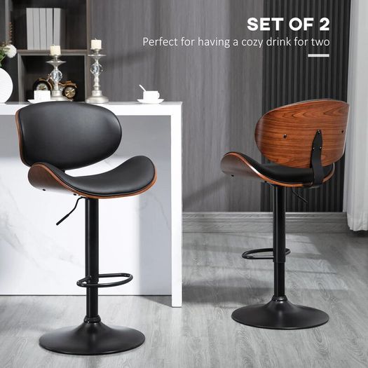Bar Stool Set, Adjustable Height, Swivel, Faux Leather, Steel Frame, Black, 53 x 50.5 x 112.5 cm