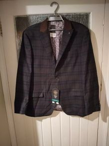 Men's Next regular Jacket, stretch fabric, Black, Brown, Blue check. Chest 112 cm 44" regular. New with Tags.