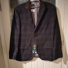 Men's Next regular Jacket, stretch fabric, Black, Brown, Blue check. Chest 112 cm 44" regular. New with Tags.