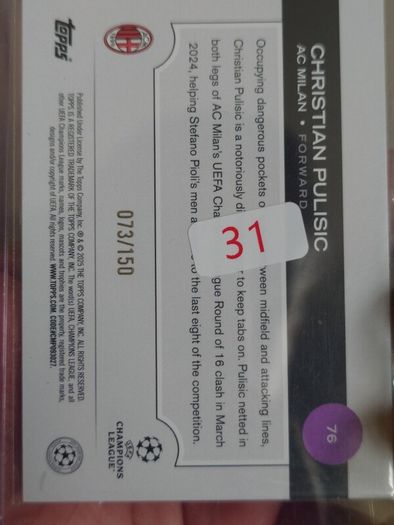 Christian Pulisic 2024-25 Topps UEFA Club Competitions Black White Icy 073/150
