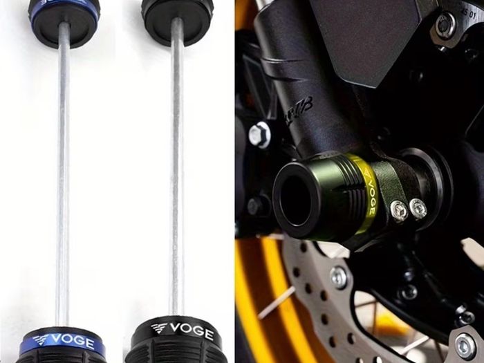Front wheel axle slider crash protector.