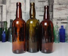 304 - Set of 3 Vintage Decorative Collectible Amber Brown Glass Big Size Cork Top Bottles