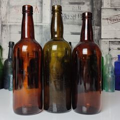 304 - Set of 3 Vintage Decorative Collectible Amber Brown Glass Big Size Cork Top Bottles
