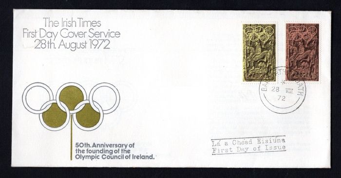 1972 Ireland 50th Anniversary of the Foundation of The Olympic Council of Ireland Commemorative Stamps Illustrated The Irish Times Addressed First Day Cover (FDC)