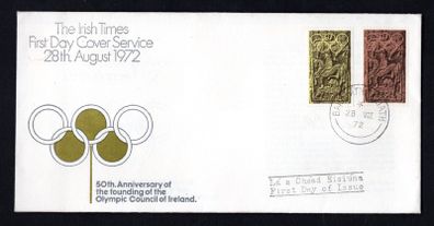 1972 Ireland 50th Anniversary of the Foundation of The Olympic Council of Ireland Commemorative Stamps Illustrated The Irish Times Addressed First Day Cover (FDC)