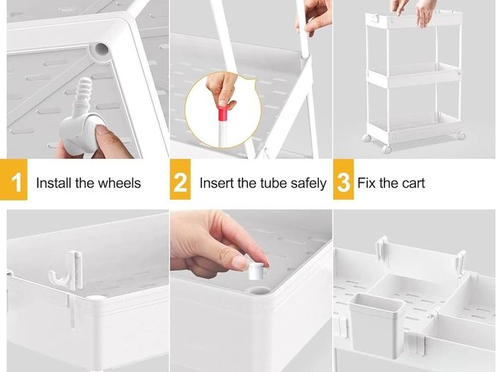 FREE EXPRESS SHIPPING Storage Trolley 3-Tier Rolling Utility Cart Slide Out Shelving Organization Shelf for Laundry Bathroom Kitchen with Small Containers & Hooks White
