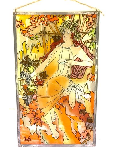 Vintage Art Nouveau Style Hand Painted and stained glass Glass Panel