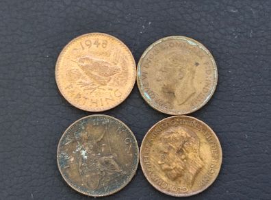 Farthing Coins x4 Great Britain UK 1926 1942 1948