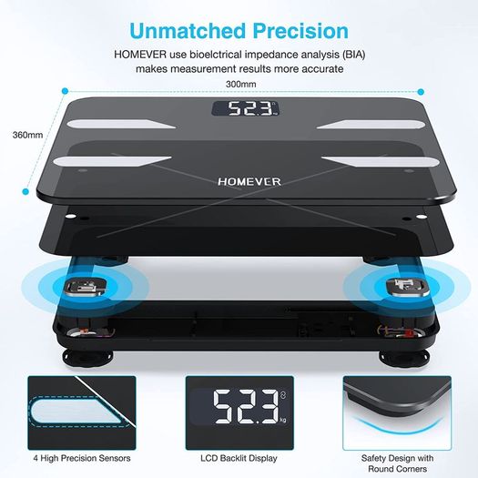 Digital Bathroom Scales Weighing Scale, High Precision Sensors Bluetooth Health Analyzer with Smart App, Body Weight Scale