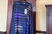 SAMOON FURTHER REDUCED new top mixed fabric , the front is navy with purple lilac gold and beige , the back and sleeves navy . Length is 32 inches