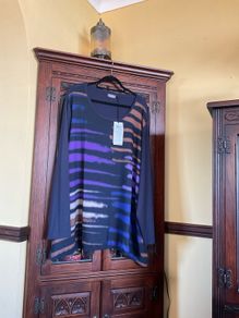 SAMOON FURTHER REDUCED new top mixed fabric , the front is navy with purple lilac gold and beige , the back and sleeves navy . Length is 32 inches