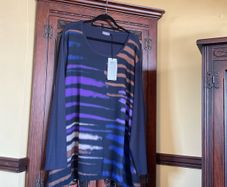 SAMOON FURTHER REDUCED new top mixed fabric , the front is navy with purple lilac gold and beige , the back and sleeves navy . Length is 32 inches