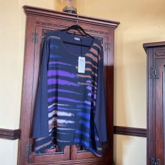 SAMOON FURTHER REDUCED new top mixed fabric , the front is navy with purple lilac gold and beige , the back and sleeves navy . Length is 32 inches