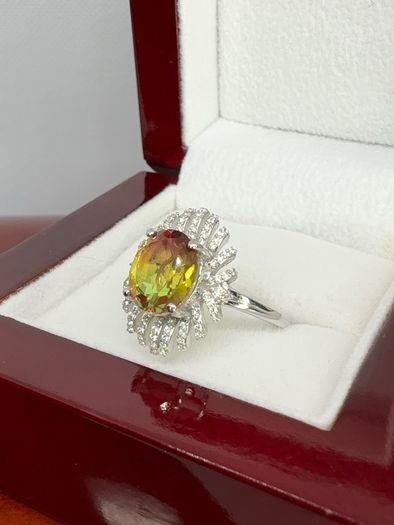 Silver Rainbow Genesis Quartz & Zircon "Sunburst" Ring