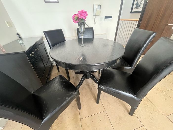 Moving Sale - Sandyford - Everything must go asap.Solid wood, heavy, ideal for upcycling.Round Black Dining Table & Faux Leather Chairs (Needs Upholstery/Refurb)