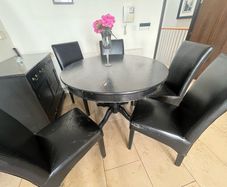Moving Sale - Sandyford - Everything must go asap.Solid wood, heavy, ideal for upcycling.Round Black Dining Table & Faux Leather Chairs (Needs Upholstery/Refurb)