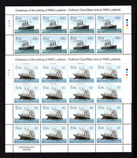 2015 Ireland Centenary of The Sinking of the RMS Lusitania Commemorative Stamps Sheetlet Plate 1A1A1A1A Mint Never Hinged (MNH)