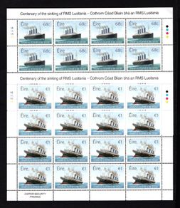 2015 Ireland Centenary of The Sinking of the RMS Lusitania Commemorative Stamps Sheetlet Plate 1A1A1A1A Mint Never Hinged (MNH)