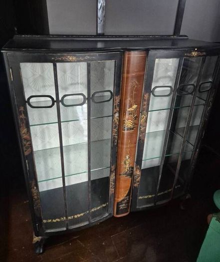 Vintage  Turnige Chinoiserie locking ebonised handpainted cabinet 3 tiers