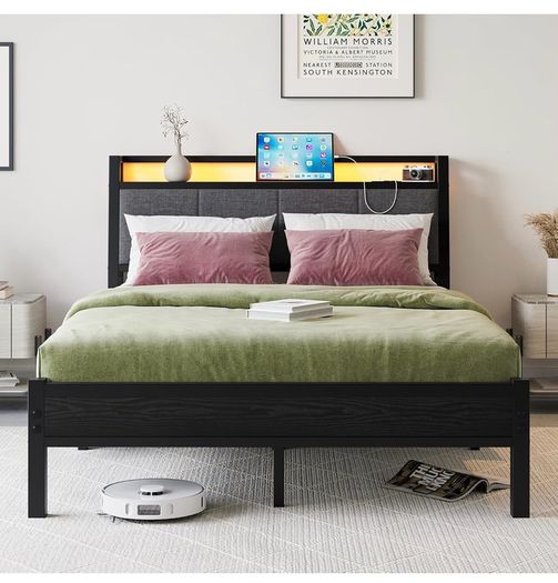 Double Bed Frame, 4FT6 Bed Frame Ergonomics Double with Charging Station and LED Lights, Heavy Duty Platform Full Bed with Fabric Storage Sloped Headboard, No Box Spring Needed, (Black)