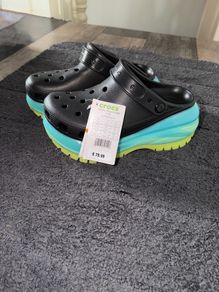 Crocs Classic Mega Crush Chunky platform sole Clogs Black Aqua/Lime UK 5 New