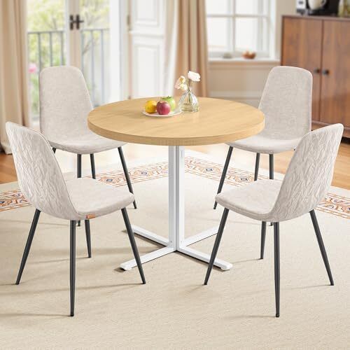 Round Table with 4 Dining Chairs Steel Frame Easy Assembly Golden Oak Cream White