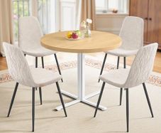 Round Table with 4 Dining Chairs Steel Frame Easy Assembly Golden Oak Cream White