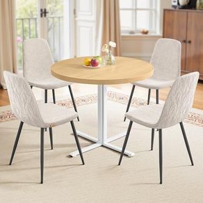 Round Table with 4 Dining Chairs Steel Frame Easy Assembly Golden Oak Cream White