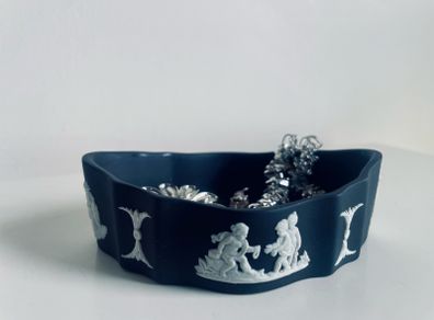 Wedgwood Black Jasperware Bowl Trinket Dish Cherub Relief Made in England