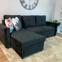 Black Velvet corner sofa bed with storage