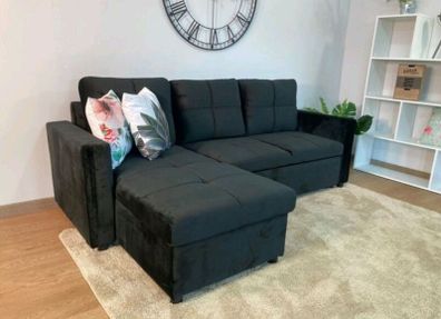 Black Velvet corner sofa bed with storage