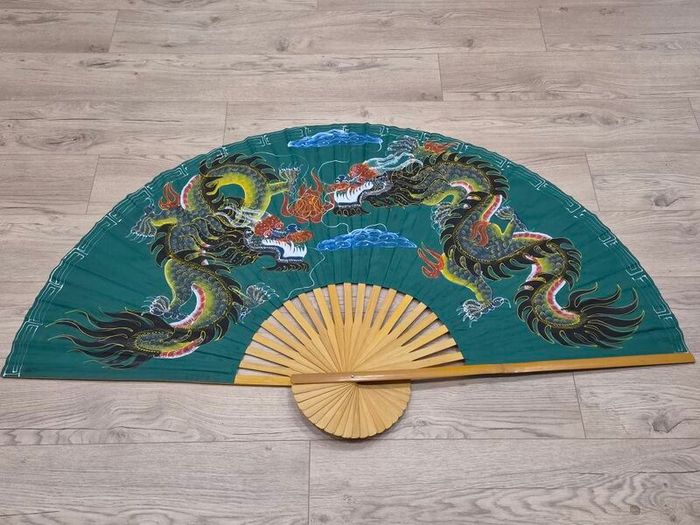 Large Hand Painted Chinese Dragon Wall Fan 89cm Folding 165cm Open Bamboo Vintage