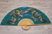 Large Hand Painted Chinese Dragon Wall Fan 89cm Folding 165cm Open Bamboo Vintage
