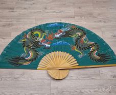 Large Hand Painted Chinese Dragon Wall Fan 89cm Folding 165cm Open Bamboo Vintage