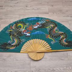 Large Hand Painted Chinese Dragon Wall Fan 89cm Folding 165cm Open Bamboo Vintage