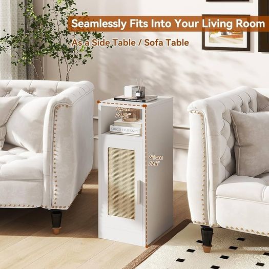 Slim Bedside Table Set of 2, Rattan Nightstand with Open Compartments and Cupboard for Small Spaces, Small Narrow Side End Table for Bedroom Living Room, White