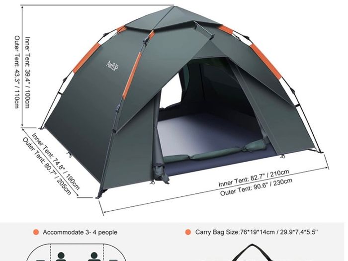 Camping Tent Automatic 3 Man Person Instant Tent Pop Up Ultralight Dome Tent 4 Seasons Waterproof & Windproof Camping Tent with Removable Outer Tarpaulin, Double Layers (FREE POSTAGE)