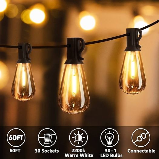 NEW SALE | 60FT Outdoor LED String Lights, ST38 Garden String Lights Mains Powered,Waterproof LED Outdoor Festoon Lights, 30 1 Bulbs 2700K Outside Patio String Lights for Decor Cafe Party Wedding