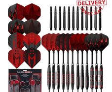 NEW SALE | 48 Piece Steel Tip Dart Set with 21g/22g/23g/24g Barrels, Flights and Aluminium Shafts, Series 2, Black/Red