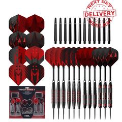 NEW SALE | 48 Piece Steel Tip Dart Set with 21g/22g/23g/24g Barrels, Flights and Aluminium Shafts, Series 2, Black/Red