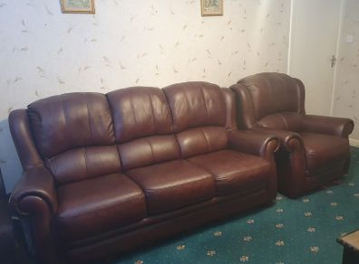 3 and 1 seater  brown leather sofa