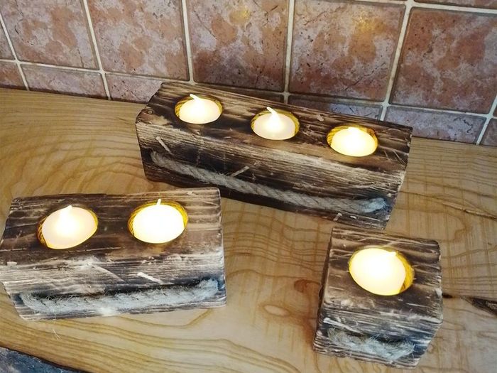 Tealight Holders Handmade From Reclaimed Wood, Shou Sugi Ban Set (+ 6 LED Lights)6