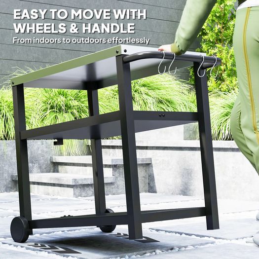 BBQ Trolley Food Prep Outdoor 3-Shelf Movable Pizza Oven Table Stand with Stainless Steel Top