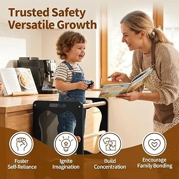 4-in-1 Toddler Standing Tower, Convertible Kids Kitchen Step Stool with Anti-Drop Safety Rail, Multi-Use Learning Helper Tower for Kitchen Counter, with Blackboard (Black & Natural)