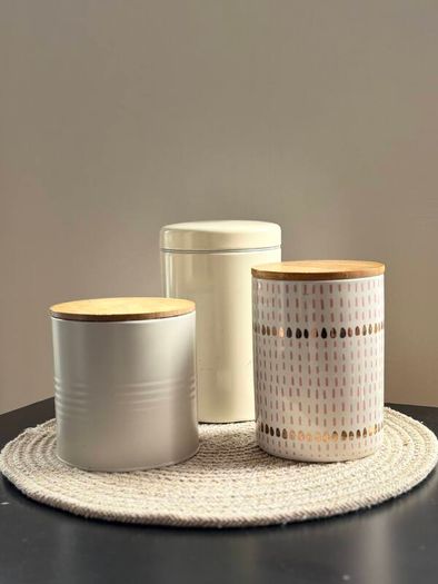 Set of 3 kitchen storage canisters with wooden lids