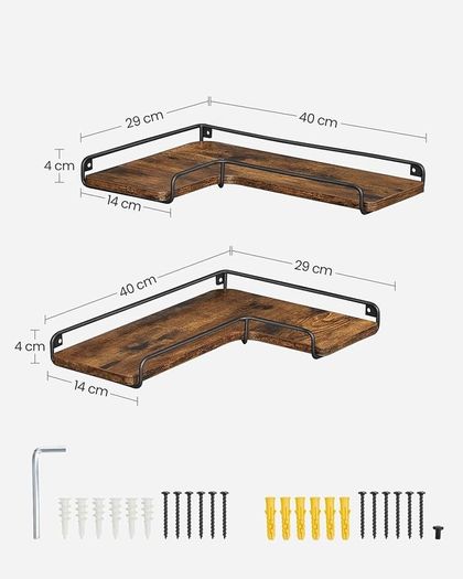 Floating Shelves, Set of 2, L-Shaped Corner Shelves for Wall, Corner Wall Shelf, Industrial Style, for Living Room, Bedroom, Kitchen, Rustic Brown and Black