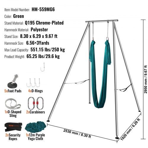 Aerial Yoga Frame & Yoga Hammock, 9.67 ft Height Professional Yoga Swing Stand Comes with 6.6 Yards Aerial Hammock, Max 551.15 lbs Load Capacity Yoga Rig for Indoor Outdoor Aerial Yoga, Green
